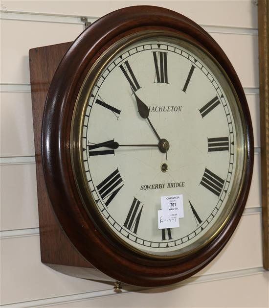 A late Victorian single fusee mahogany cased wall dial, by Shackleton of Sowerby Bridge, Diam.40cm